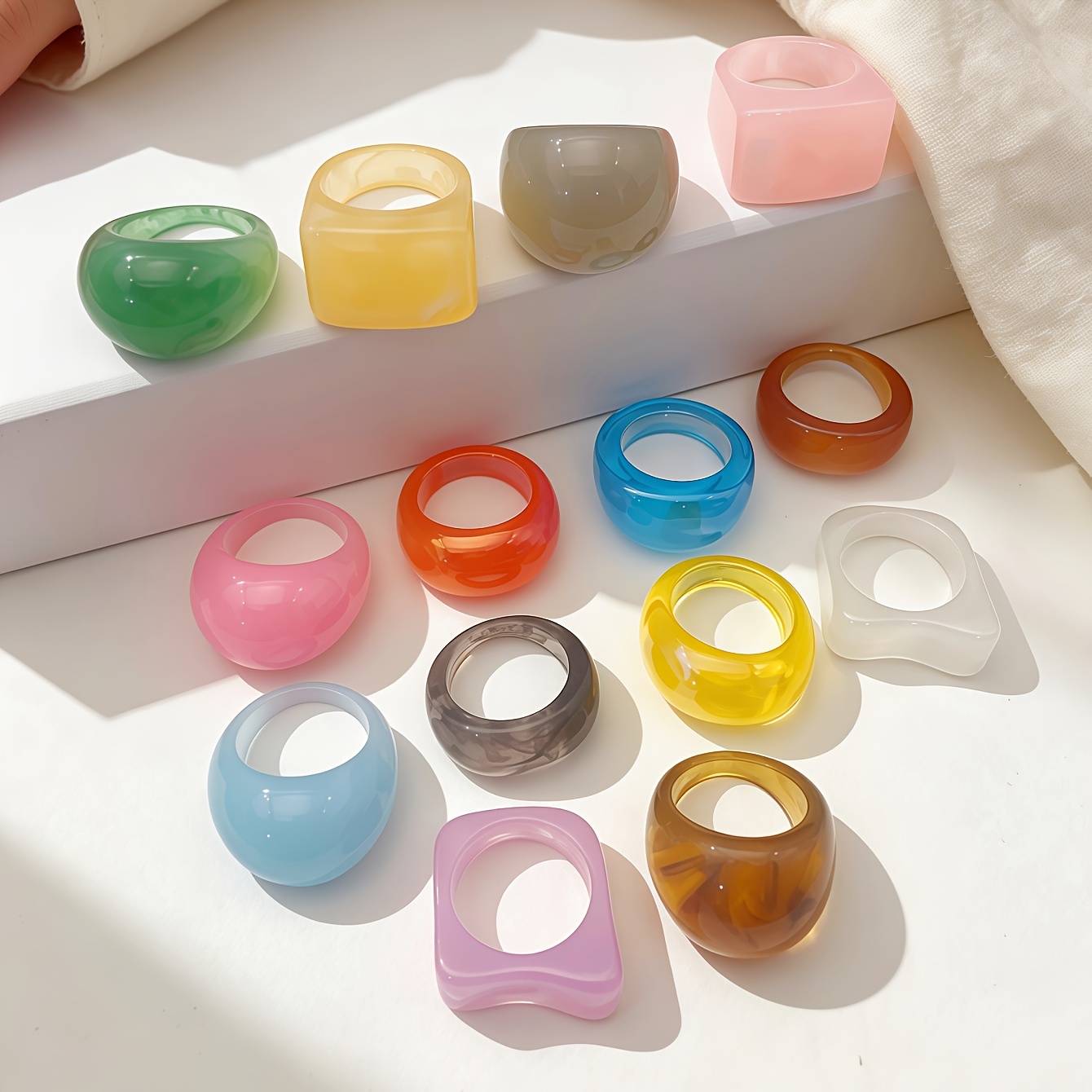 14pc Mixed-Style Colored Resin Ring Set, Trendy